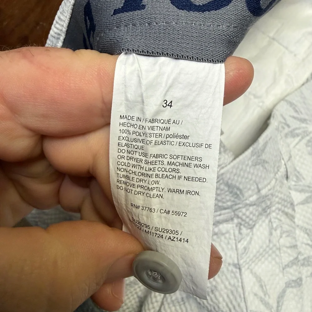 PGA Tour Golf Shorts Mens 34 White Grey Bermuda Bamboo Leaf Print Flat Front